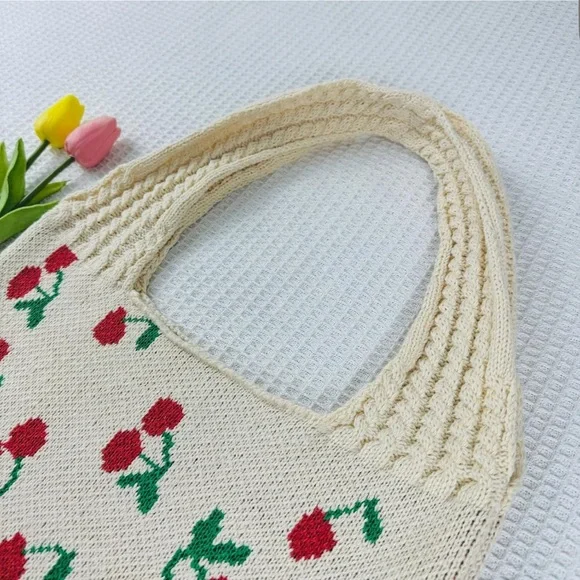 Crotchet Cherry Patterned Cream Tote Bag - Picture 5 of 7